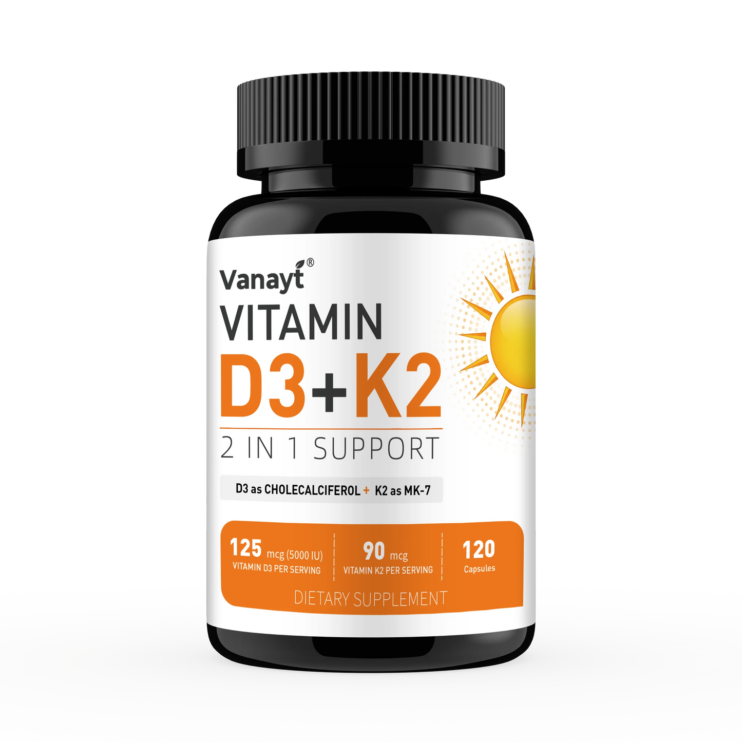 Vitamin D3 5000IU K2 90 Mcg Joint Support Supplement, for Heart & Bone Health, Cardiovascular & Immune Support, Calcium Absorption 120 Capsules