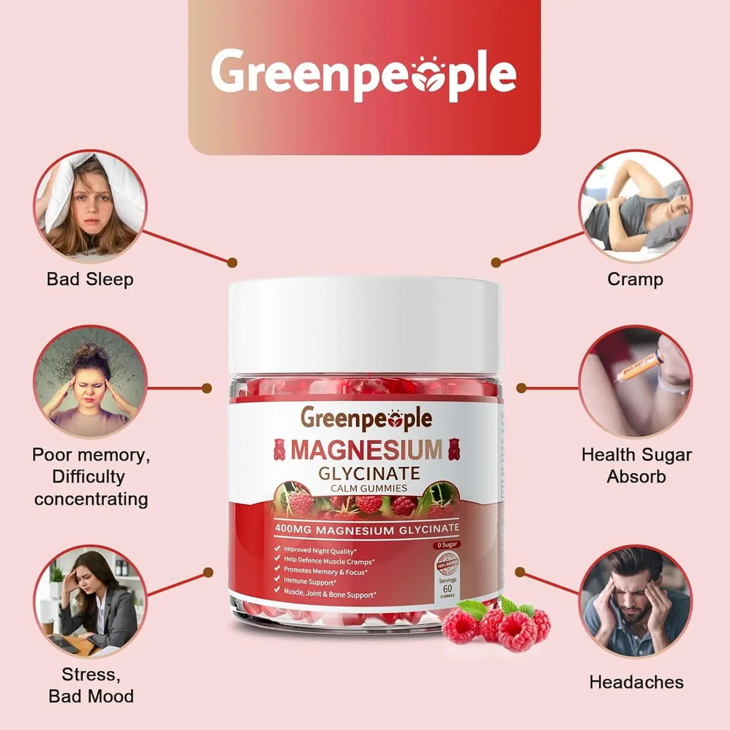 GREENPEOPLE Magnesium Glycinate Gummies 400mg Sugar Free with Magnesio Citrate, Vitamin D&B6 for Calm Support & Sleep for Adults