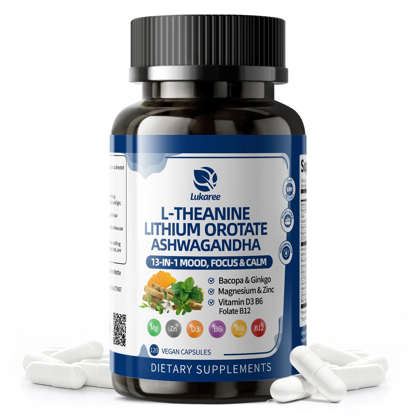 LUKAREE Lithium Orotate 10mg, Ashwagandha 300mg - Mood Focus Memory Brain Supplements with Bacopa Monnieri, Lion’s Mane Vegan