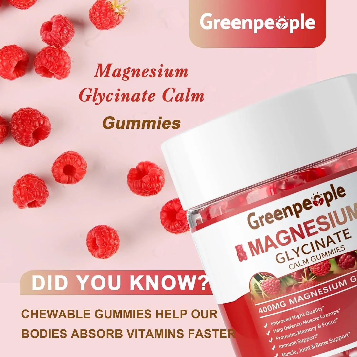 GREENPEOPLE Magnesium Glycinate Gummies 400mg Sugar Free with Magnesio Citrate, Vitamin D&B6 for Calm Support & Sleep for Adults