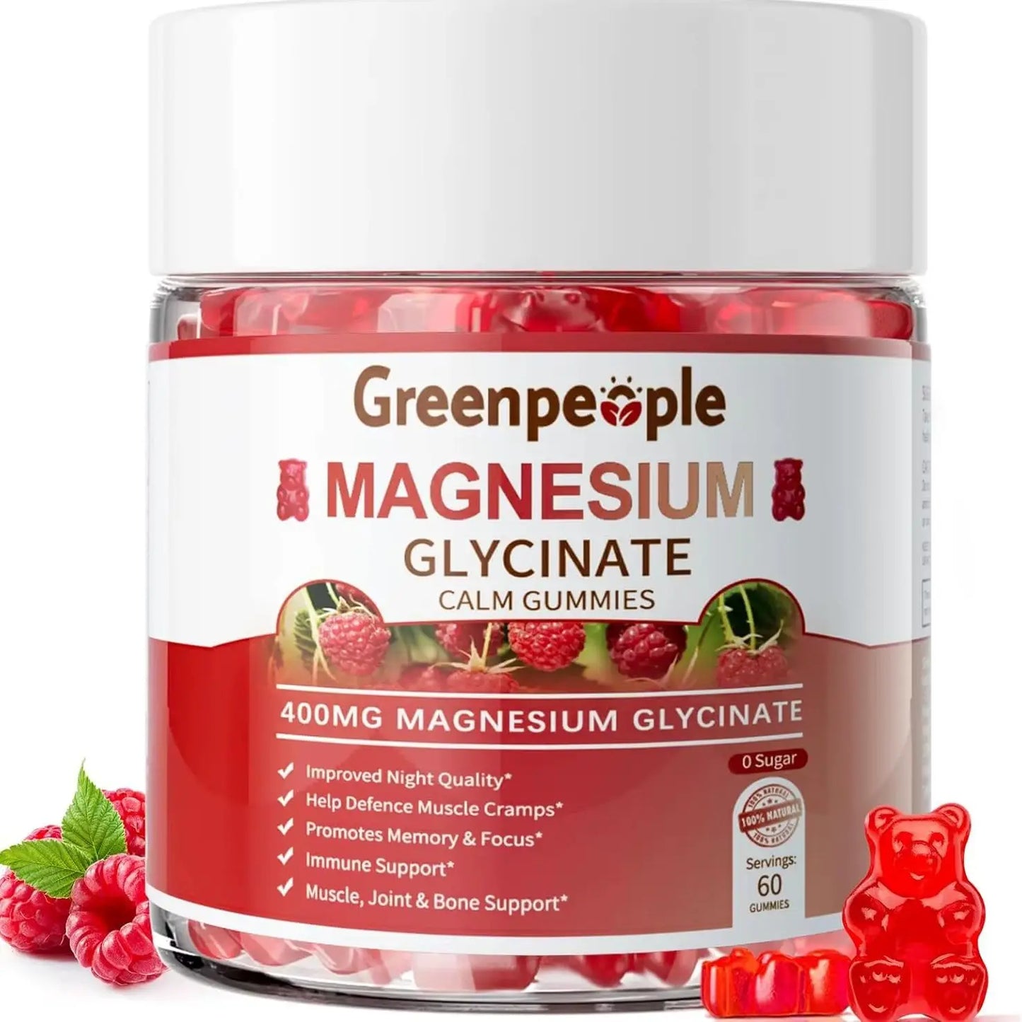 GREENPEOPLE Magnesium Glycinate Gummies 400mg Sugar Free with Magnesio Citrate, Vitamin D&B6 for Calm Support & Sleep for Adults