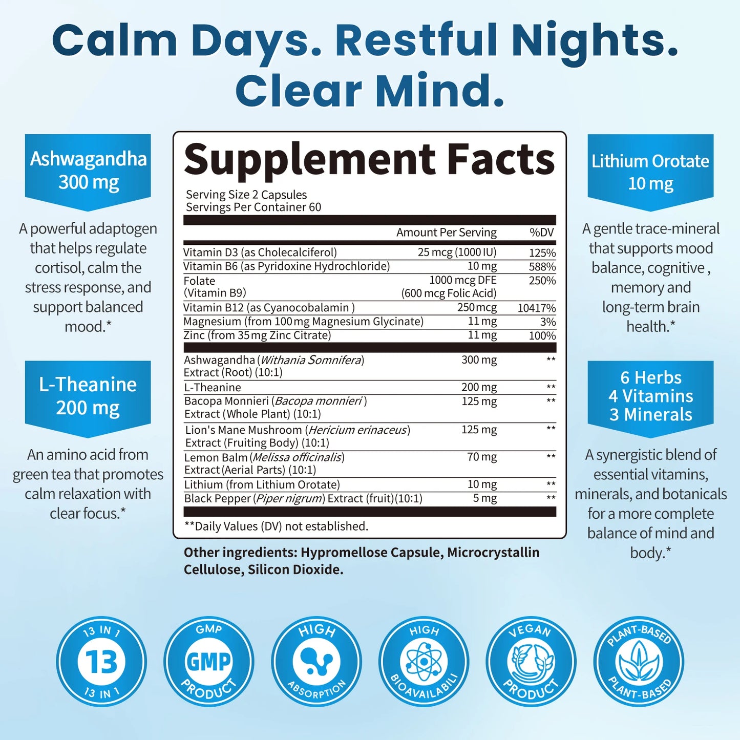 LUKAREE Lithium Orotate 10mg, Ashwagandha 300mg - Mood Focus Memory Brain Supplements with Bacopa Monnieri, Lion’s Mane Vegan