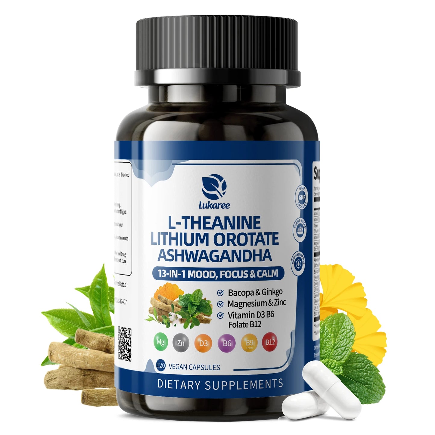 LUKAREE Lithium Orotate 10mg, Ashwagandha 300mg - Mood Focus Memory Brain Supplements with Bacopa Monnieri, Lion’s Mane Vegan