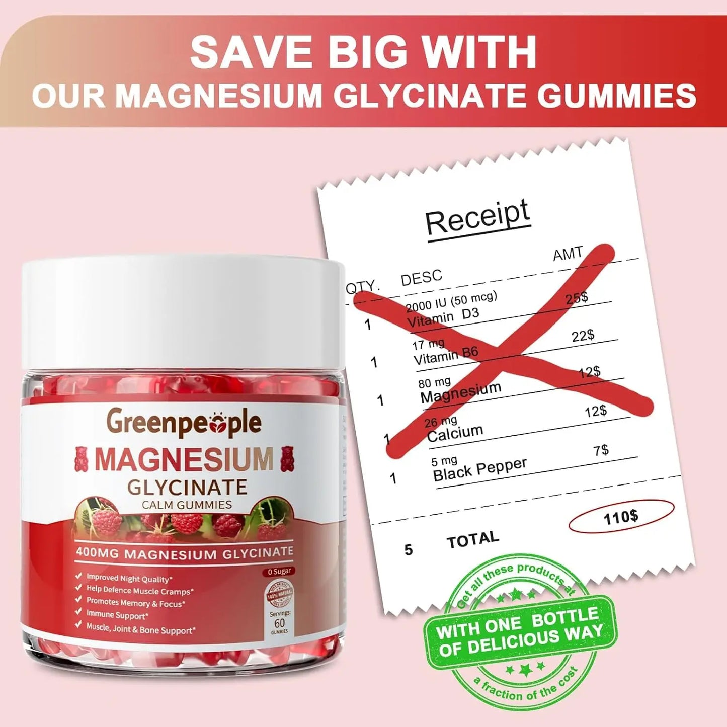 GREENPEOPLE Magnesium Glycinate Gummies 400mg Sugar Free with Magnesio Citrate, Vitamin D&B6 for Calm Support & Sleep for Adults
