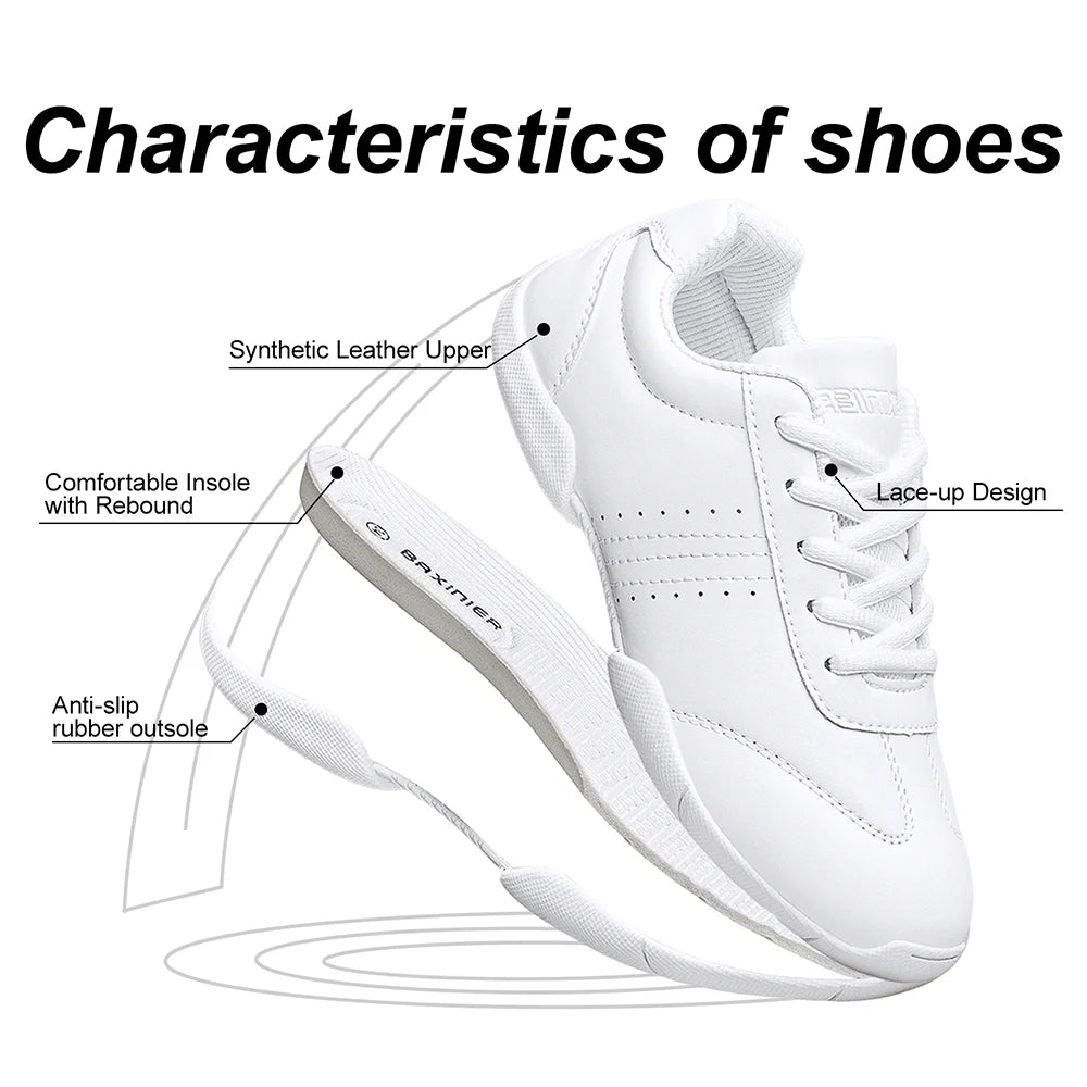 BAXINIER White Cheer Shoes Women Lightweight Athletic Training Sneakers Anti-Slip Rubber Outsole Toe Reinforcement Double U-Shaped Heel Support