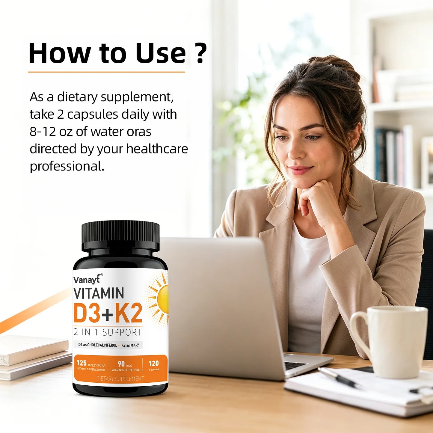 Vitamin D3 5000IU K2 90 Mcg Joint Support Supplement, for Heart & Bone Health, Cardiovascular & Immune Support, Calcium Absorption 120 Capsules