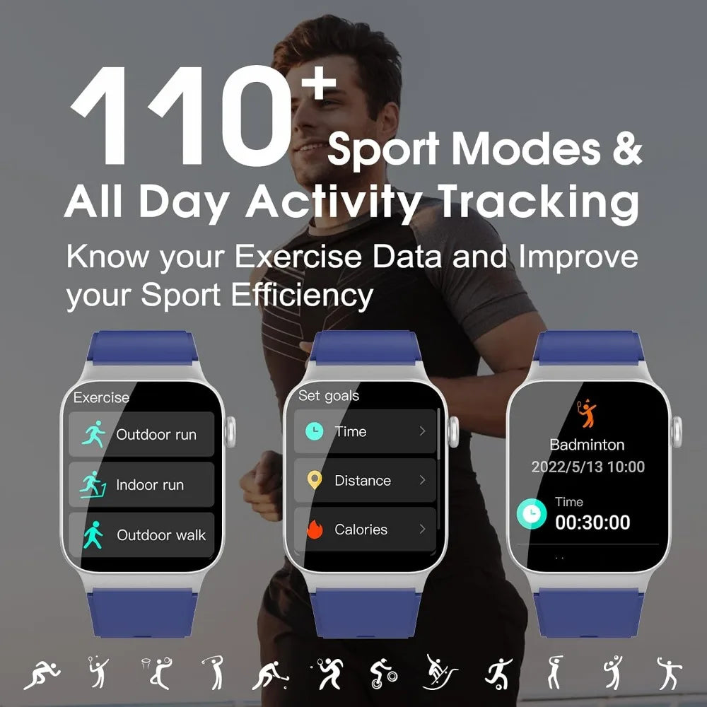 Smartwatch: 1.85" HD Screen, Heart Rate/Sleep Monitor, 110+ Modes, Waterproof Fitness Tracker for Android/iOS
