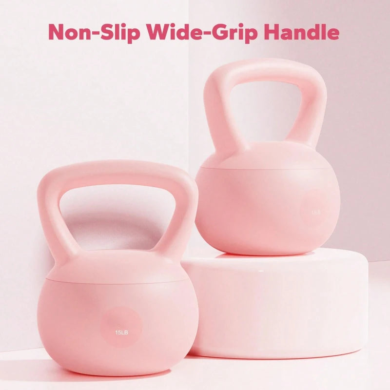 Pink Soft Kettlebell 15 LB Non Slip Wide Grip Cushioned Base Mineral Sand Filled for Training