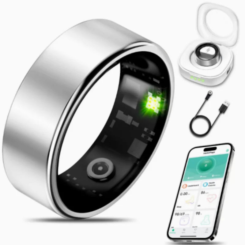 R09 Smart Ring Men Women with Charging Case,Heart Rate Blood Oxygen,Skin Temperature Monitor,5ATM Waterproof For Android iOS