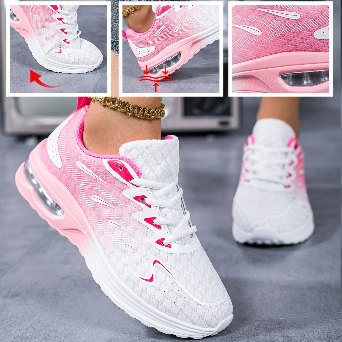 Women Gradient Air Cushion Running Sneakers Breathable Flying Weave Mesh Shock Absorbing Non Slip Lightweight Lace Up Sports Shoes For Gym Jogging Walking Daily Outdoor Casual Footwear 2026 New