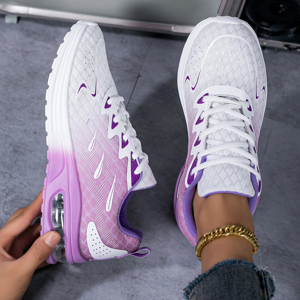 Women Gradient Air Cushion Running Sneakers Breathable Flying Weave Mesh Shock Absorbing Non Slip Lightweight Lace Up Sports Shoes For Gym Jogging Walking Daily Outdoor Casual Footwear 2026 New