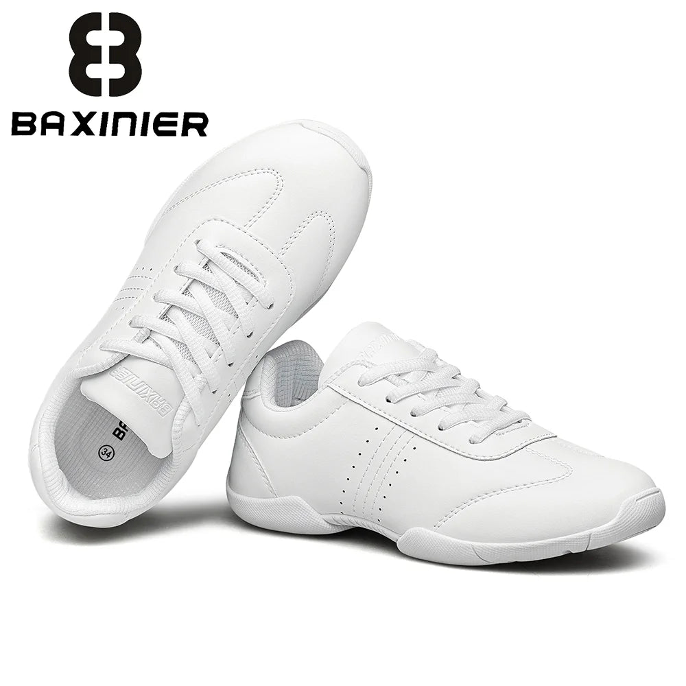 BAXINIER White Cheer Shoes Women Lightweight Athletic Training Sneakers Anti-Slip Rubber Outsole Toe Reinforcement Double U-Shaped Heel Support