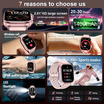 Hot 2026 Military 1400mAh Battery Smart Watch Women Men Outdoor Flashlight IP68 Waterproof Heart Rate BT Call Sports Bracelets