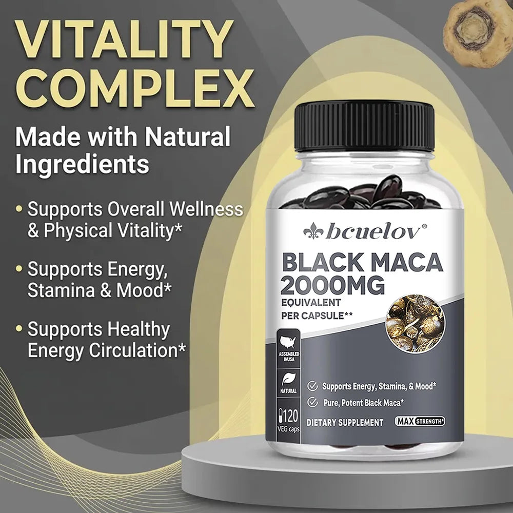 Black Maca Root Supplement 2000mg Per Serving Supports Performance, Stamina and Mood 120 Capsules