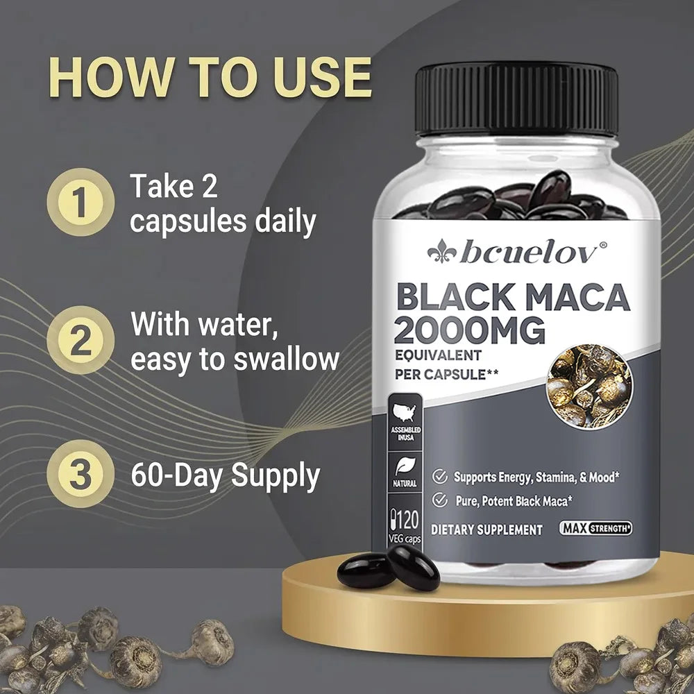 Black Maca Root Supplement 2000mg Per Serving Supports Performance, Stamina and Mood 120 Capsules