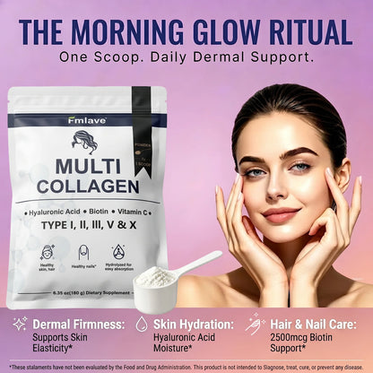 Fmlave  Ingredients Multi Collagen Peptides Powder,  – Hydrolyzed Type I,II,III,V,X with Biotin, Hyaluronic Acid, Vitamin C – Unflavored Collagen for Women & Men, Easy Dissolve