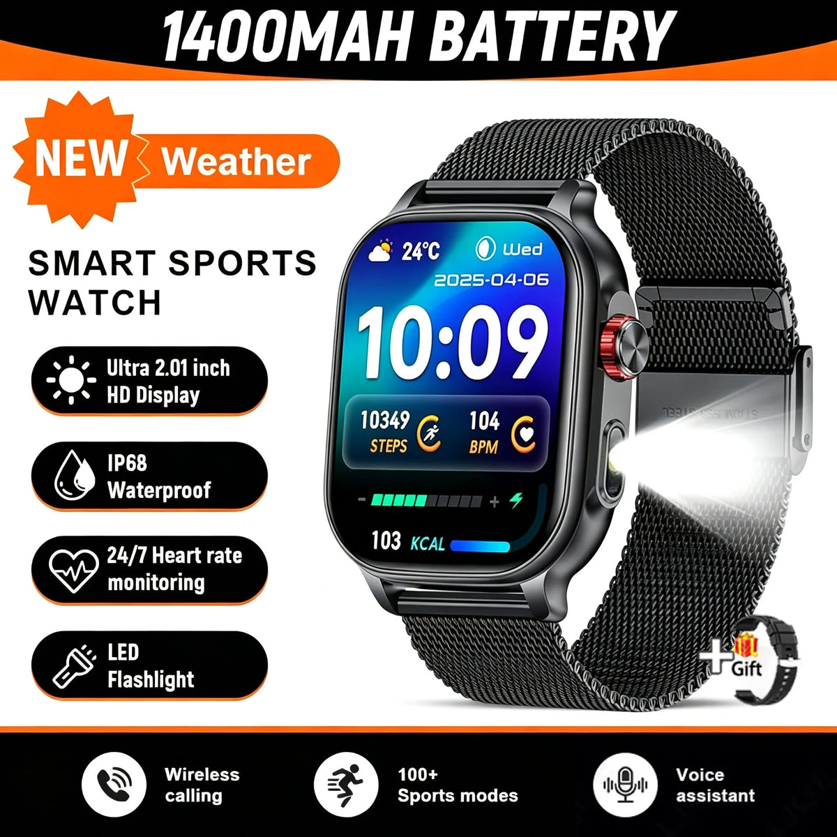 Hot 2026 Military 1400mAh Battery Smart Watch Women Men Outdoor Flashlight IP68 Waterproof Heart Rate BT Call Sports Bracelets