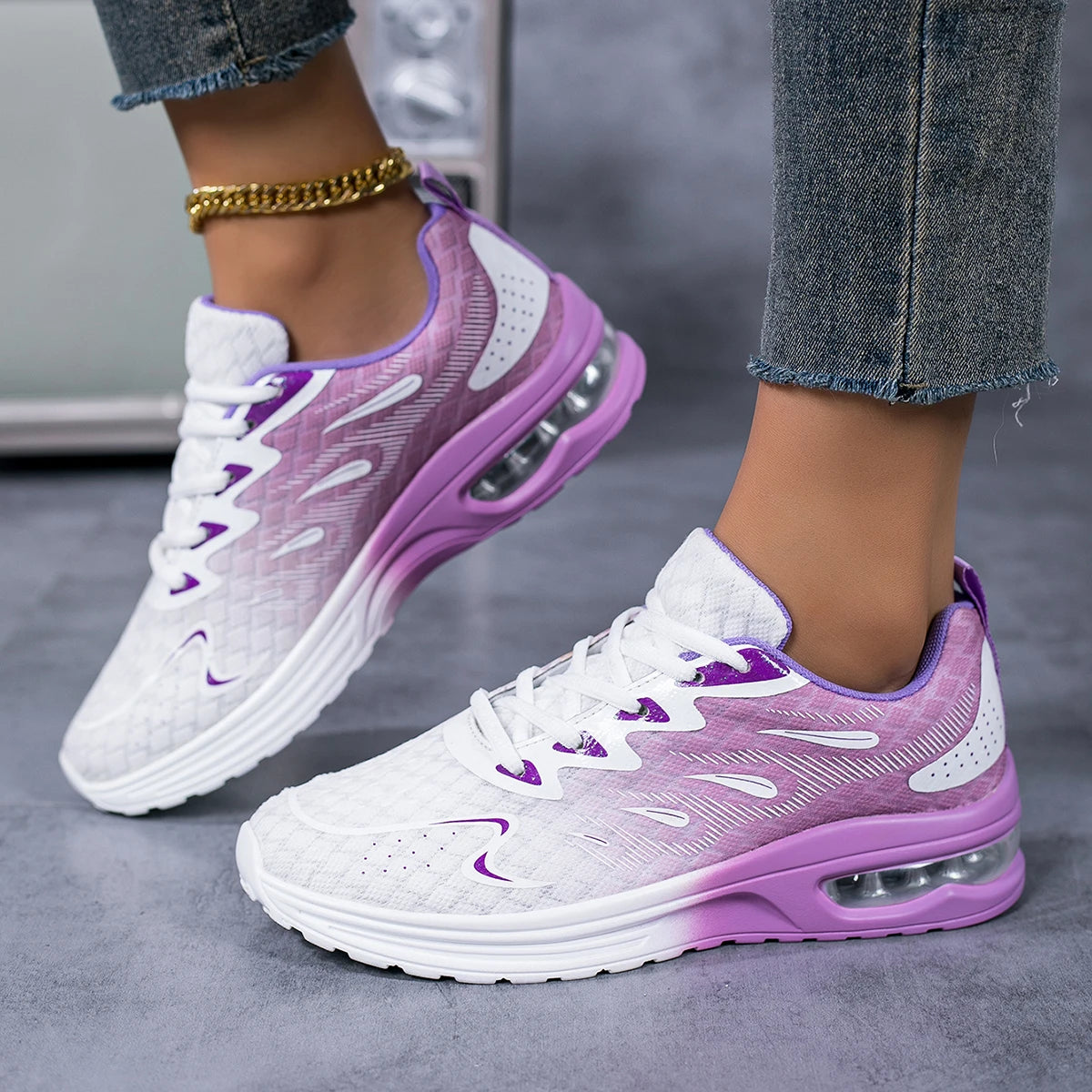 Women Gradient Air Cushion Running Sneakers Breathable Flying Weave Mesh Shock Absorbing Non Slip Lightweight Lace Up Sports Shoes For Gym Jogging Walking Daily Outdoor Casual Footwear 2026 New
