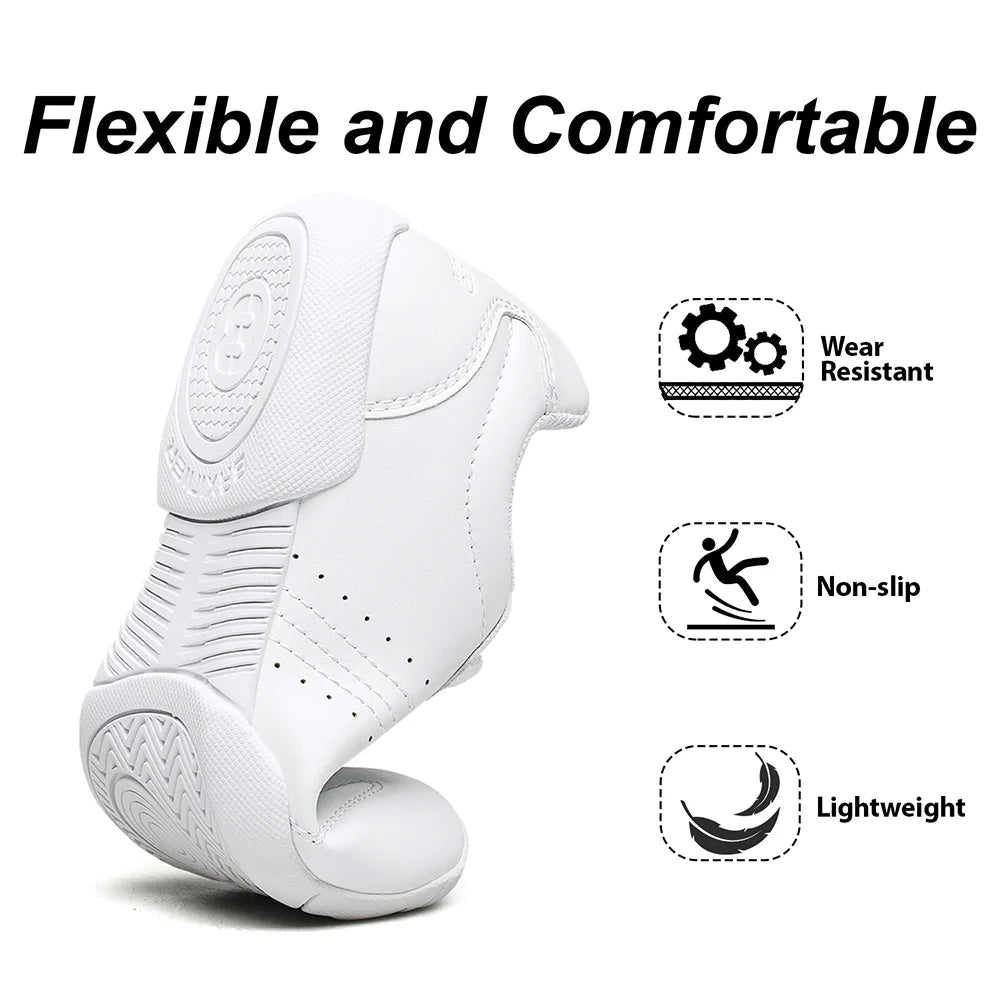 BAXINIER White Cheer Shoes Women Lightweight Athletic Training Sneakers Anti-Slip Rubber Outsole Toe Reinforcement Double U-Shaped Heel Support