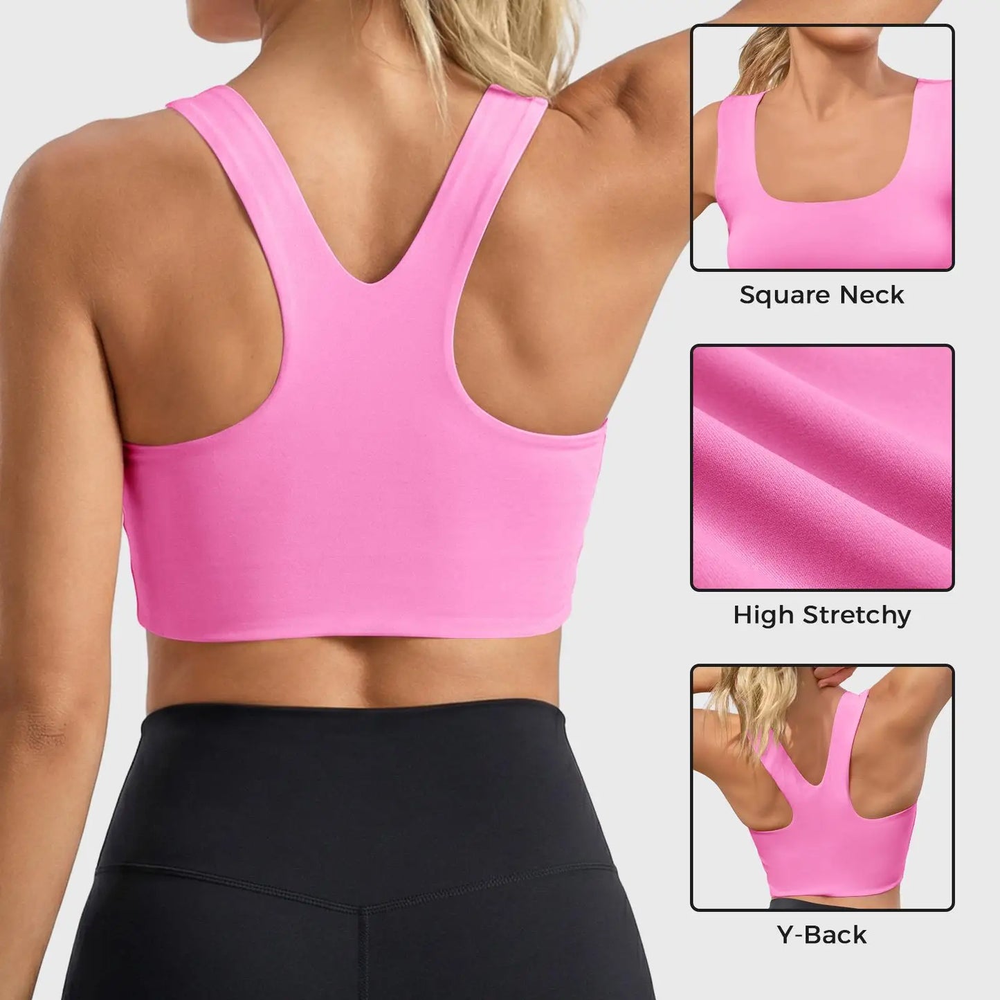 Women Seamless Sports Bra Buttery Soft Square Neck Padded Longline Yoga Crop Top Compressive Fitness Activewear Gym Workout Athletic Bralette Push Up Running Shirt Tank Top