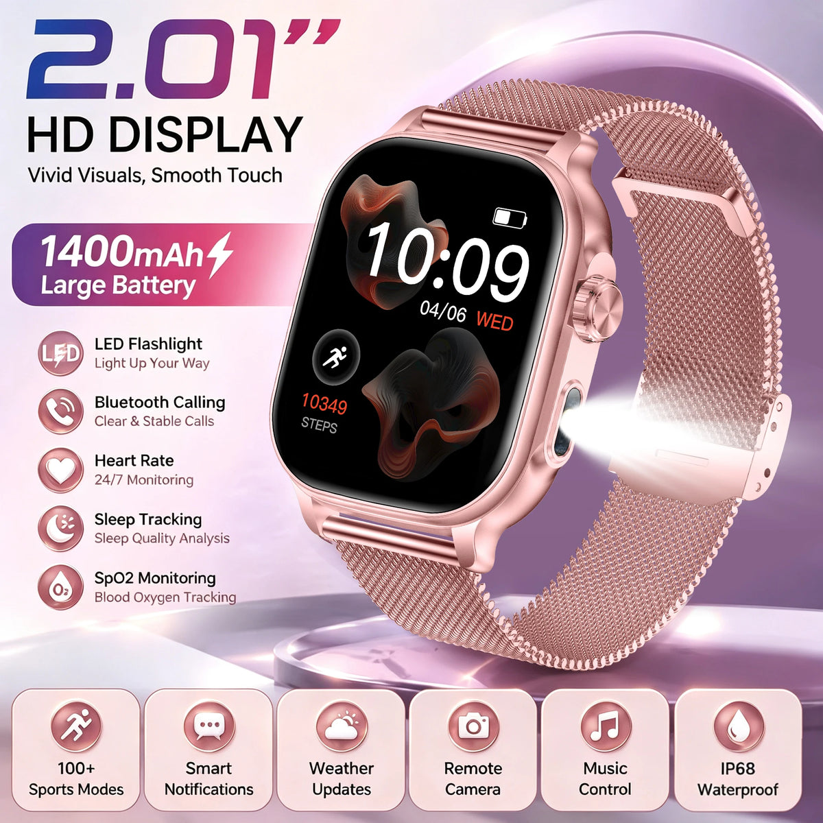 Hot 2026 Military 1400mAh Battery Smart Watch Women Men Outdoor Flashlight IP68 Waterproof Heart Rate BT Call Sports Bracelets
