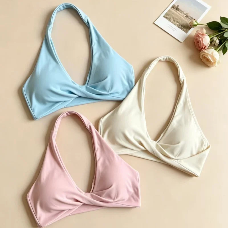 Women Halter Twist Front Open Back Sports Bra Removable Padded Push Up Yoga Top Soft Skin-friendly Fitness Pilates Crop Bra