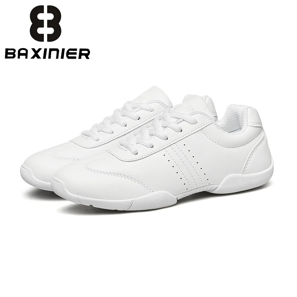 BAXINIER White Cheer Shoes Women Lightweight Athletic Training Sneakers Anti-Slip Rubber Outsole Toe Reinforcement Double U-Shaped Heel Support