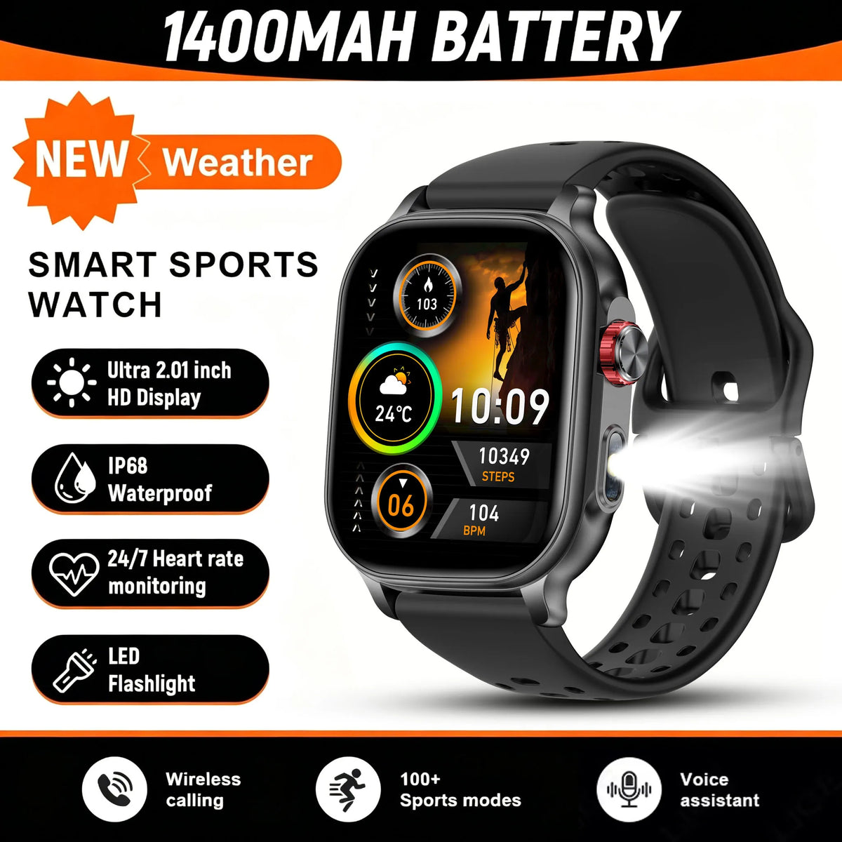 Hot 2026 Military 1400mAh Battery Smart Watch Women Men Outdoor Flashlight IP68 Waterproof Heart Rate BT Call Sports Bracelets