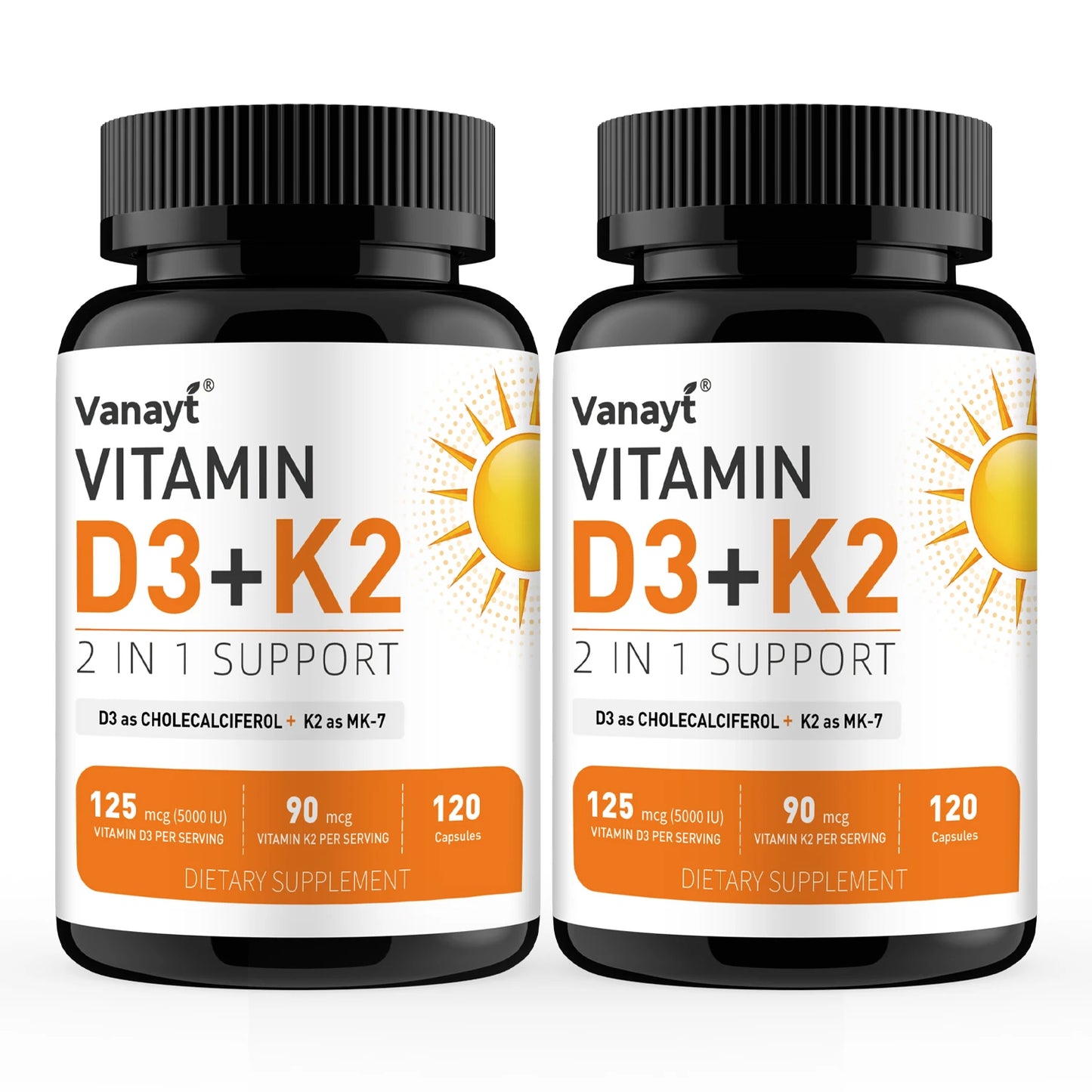 Vitamin D3 5000IU K2 90 Mcg Joint Support Supplement, for Heart & Bone Health, Cardiovascular & Immune Support, Calcium Absorption 120 Capsules