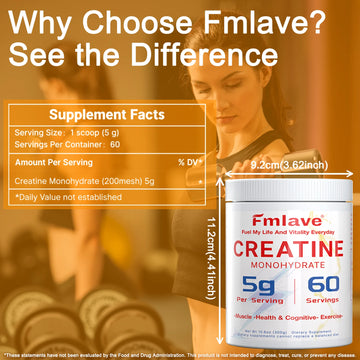 Fmlave Creatine Monohydrate Micronized Powder 300g - 60 Servings, 5000mg Per Serving (5g) - for Men & Women Muscle Growth & Recovery