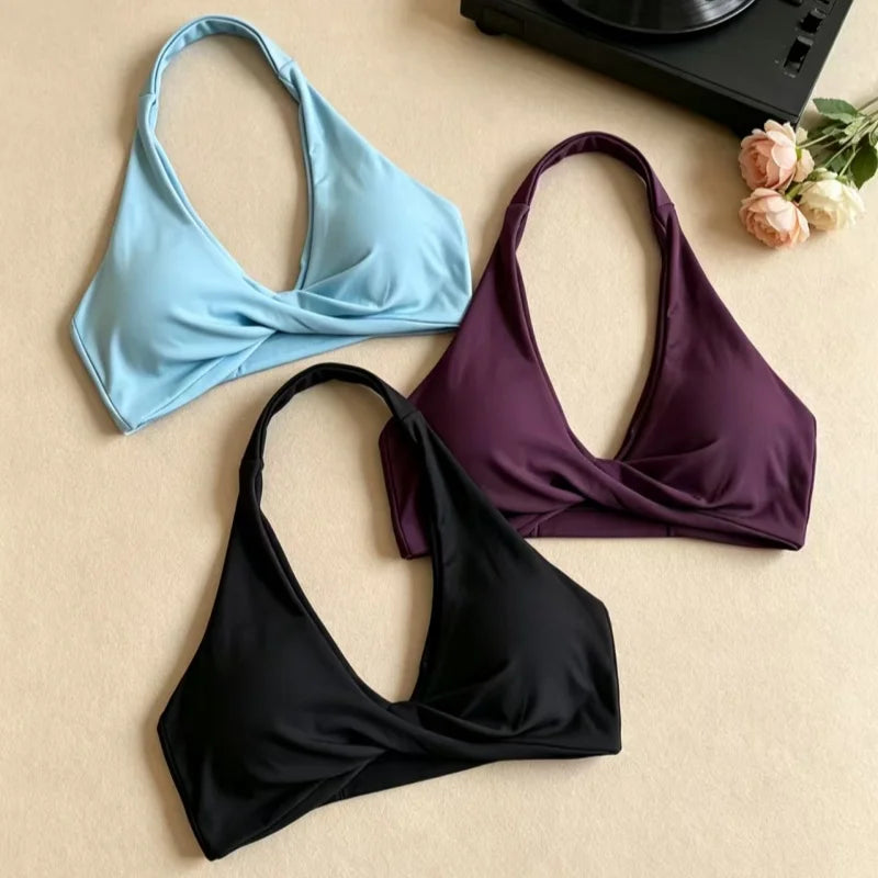 Women Halter Twist Front Open Back Sports Bra Removable Padded Push Up Yoga Top Soft Skin-friendly Fitness Pilates Crop Bra