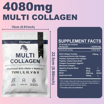 Fmlave Ingredients Multi Collagen Peptides Powder, – Hydrolyzed Type I,II,III,V,X with Biotin, Hyaluronic Acid, Vitamin C – Unflavored Collagen for Women & Men, Easy Dissolve