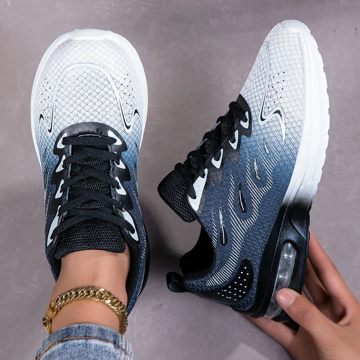 Women Gradient Air Cushion Running Sneakers Breathable Flying Weave Mesh Shock Absorbing Non Slip Lightweight Lace Up Sports Shoes For Gym Jogging Walking Daily Outdoor Casual Footwear 2026 New