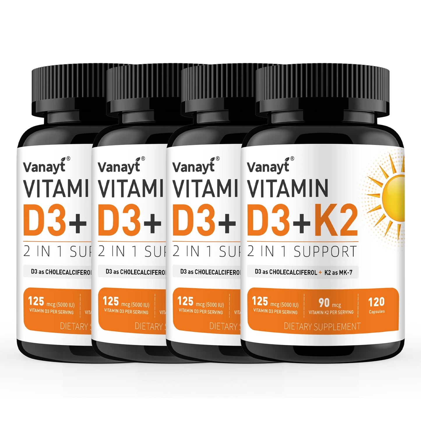 Vitamin D3 5000IU K2 90 Mcg Joint Support Supplement, for Heart & Bone Health, Cardiovascular & Immune Support, Calcium Absorption 120 Capsules