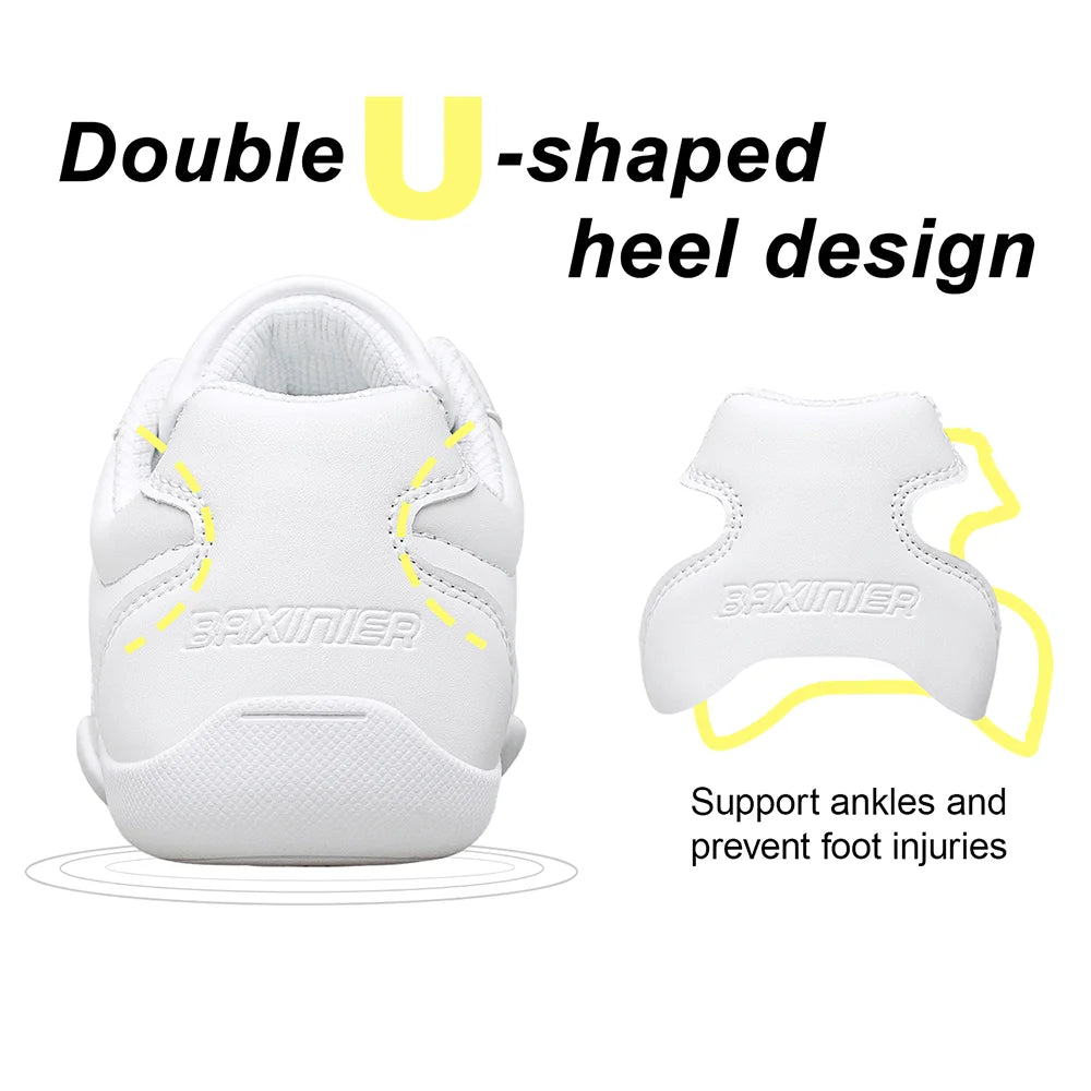 BAXINIER White Cheer Shoes Women Lightweight Athletic Training Sneakers Anti-Slip Rubber Outsole Toe Reinforcement Double U-Shaped Heel Support