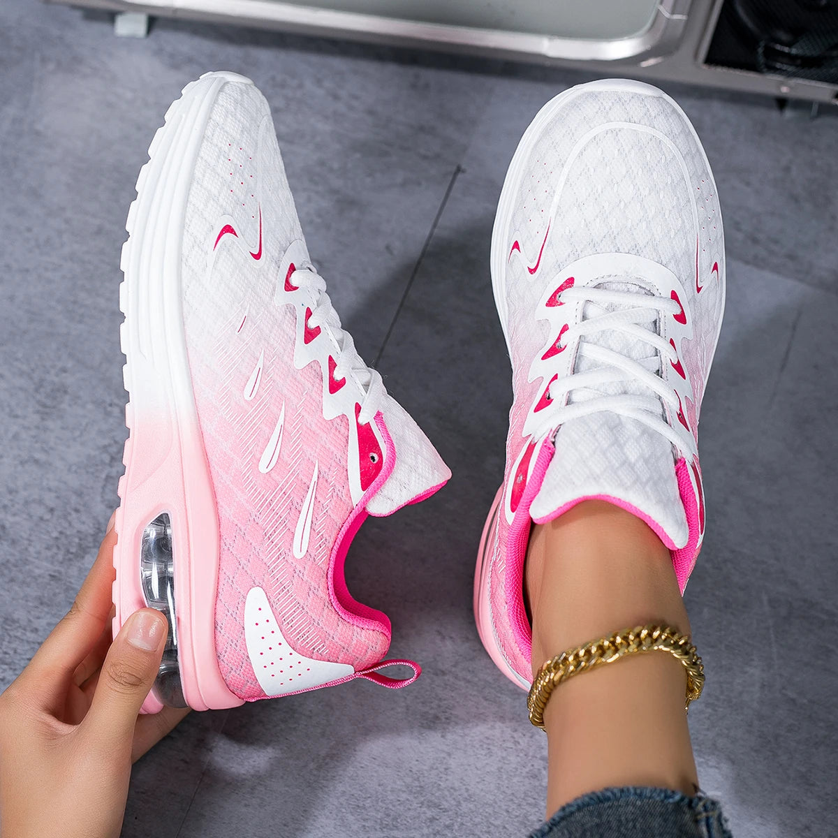 Women Gradient Air Cushion Running Sneakers Breathable Flying Weave Mesh Shock Absorbing Non Slip Lightweight Lace Up Sports Shoes For Gym Jogging Walking Daily Outdoor Casual Footwear 2026 New