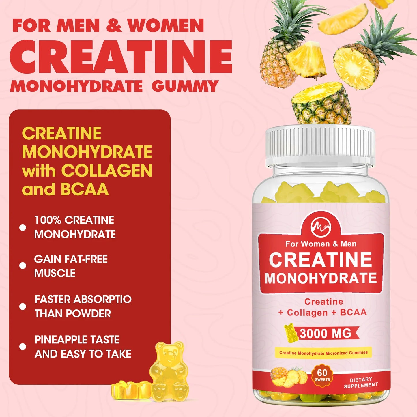 MINCH 3000mg CREATINE MONOHYDRATE Gummies For Women & Men Proven Strength and Power Gains Muscle Production