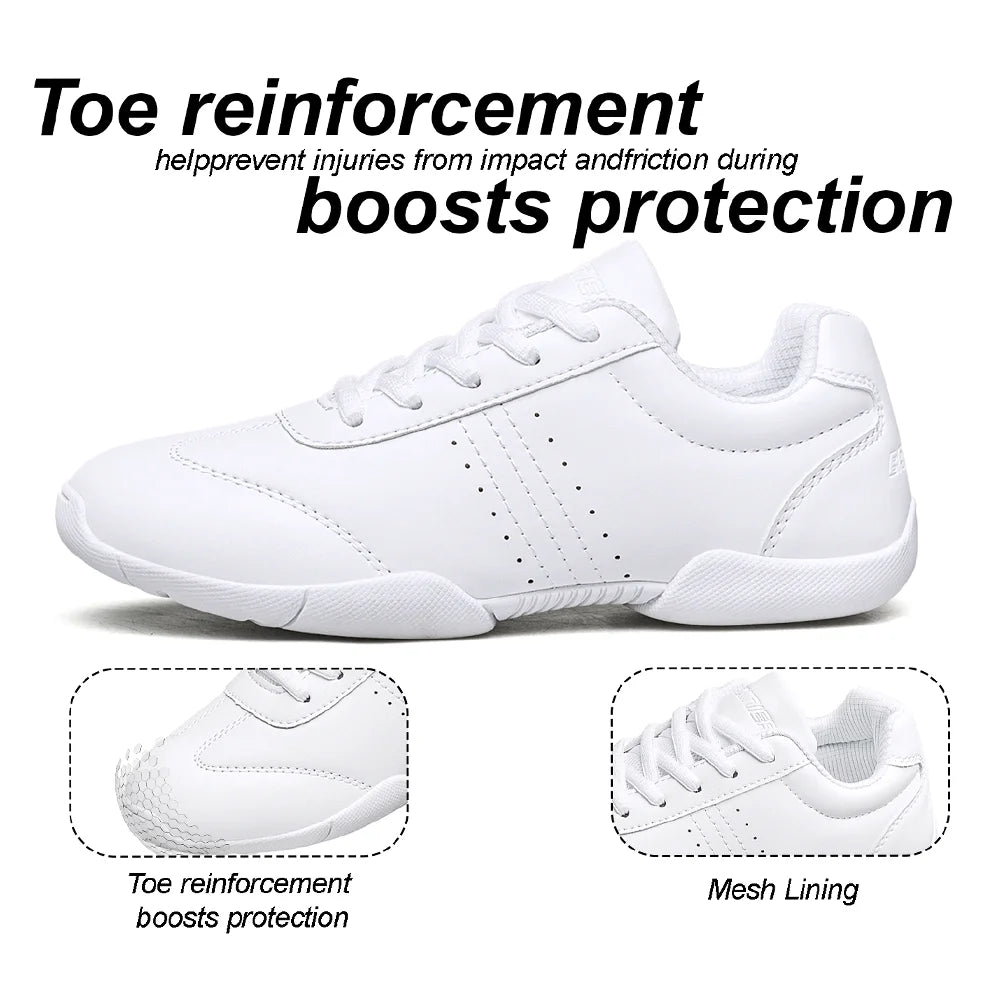BAXINIER White Cheer Shoes Women Lightweight Athletic Training Sneakers Anti-Slip Rubber Outsole Toe Reinforcement Double U-Shaped Heel Support