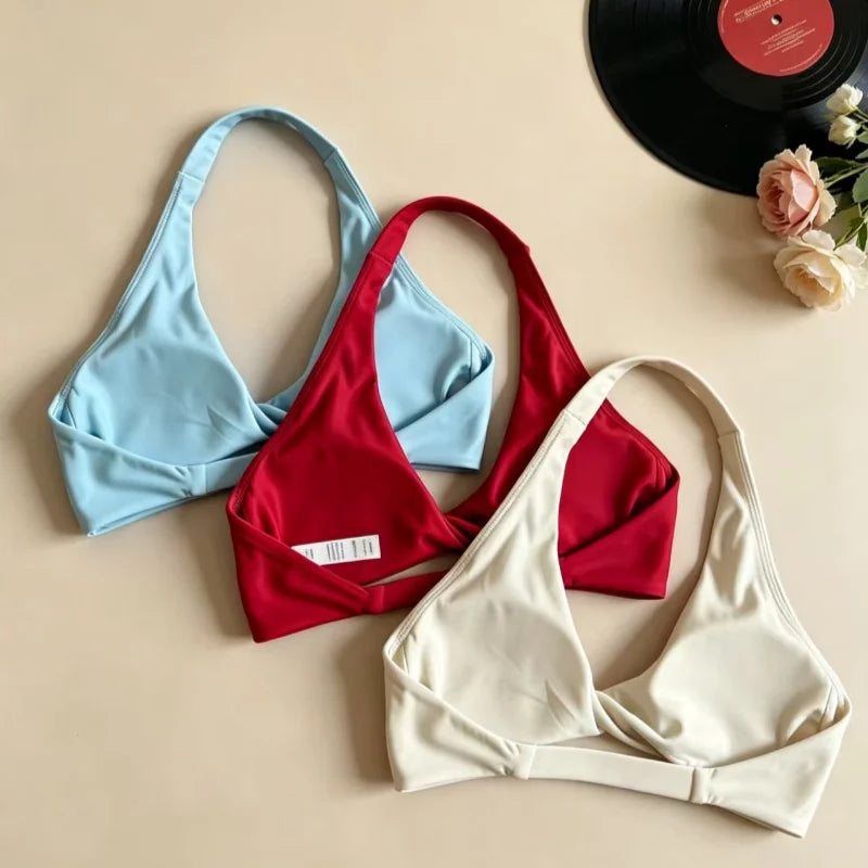 Women Halter Twist Front Open Back Sports Bra Removable Padded Push Up Yoga Top Soft Skin-friendly Fitness Pilates Crop Bra
