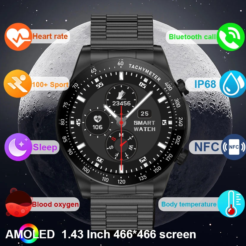 Smart Watch Men 1.43 Inch HD AMOLED Screen Bluetooth Call Fitness Watch Heart Rate Sleep Monitoring Smartwatch Men For 2025 New